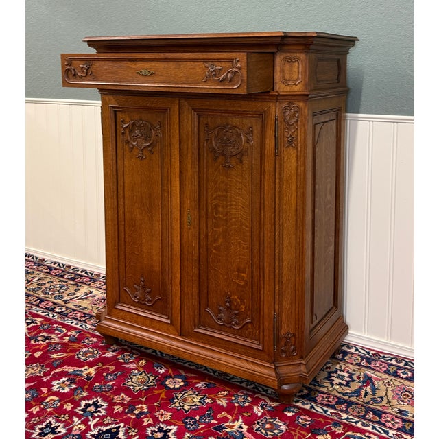 Antique French Double Door Cabinet Cupboard Carved Honey Oak Drawer Early 20th For Sale - Image 10 of 17