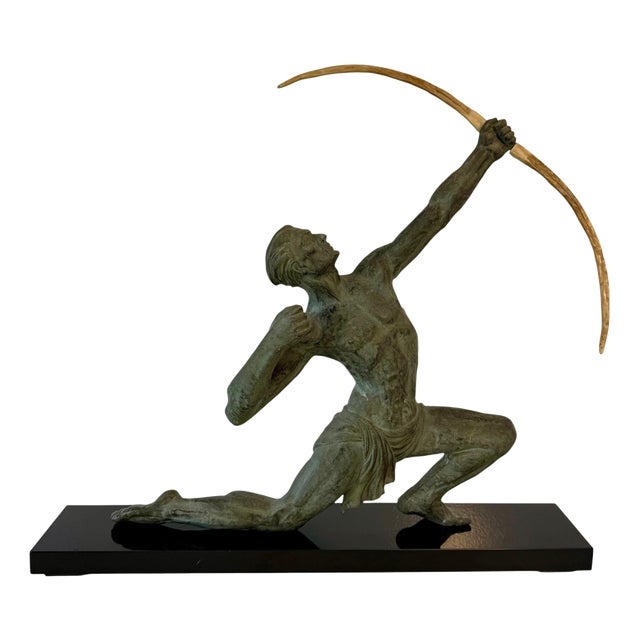 After Jean De Roncourt, French Art Deco The Archer Sculpture, 1930s, 1920s, Metal & Bakelite on Marble Base For Sale