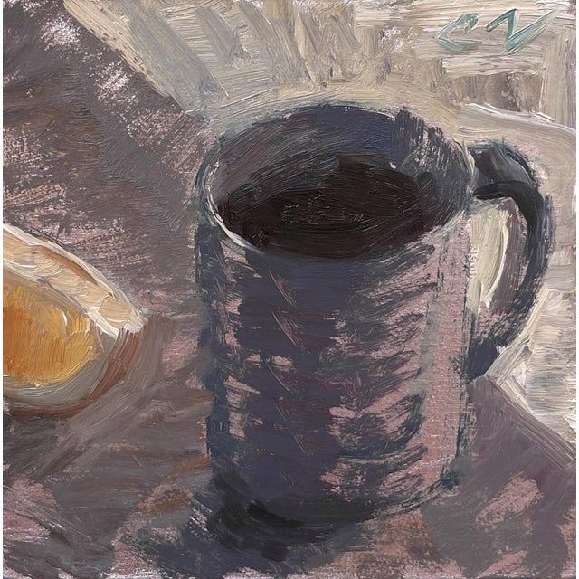 A New Day by Charles Valsechi | Oil on board Still life of a mug and a piece of fruit For Sale