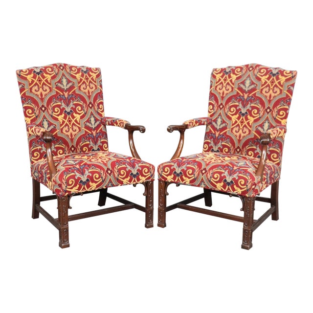 Pair of Solid Mahogany Blind Fretwork Chinese Chippendale Armchairs by Southwood For Sale