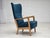 1970s, Danish armchair by Fritz Hansen. Original turquoise blue furniture wool, lacquered beech wood, springs in the seat....