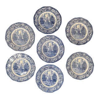 1970s Liberty Blue “Independence Hall” Ironstone Plates | English Transferware Americana Wall Collection - Set of 7 For Sale