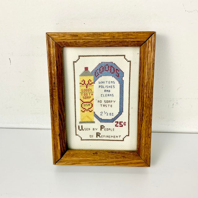 1970s Vintage Americana Folk Art Cross Stitch Goods Toothpaste Ad. Framed. For Sale - Image 6 of 7