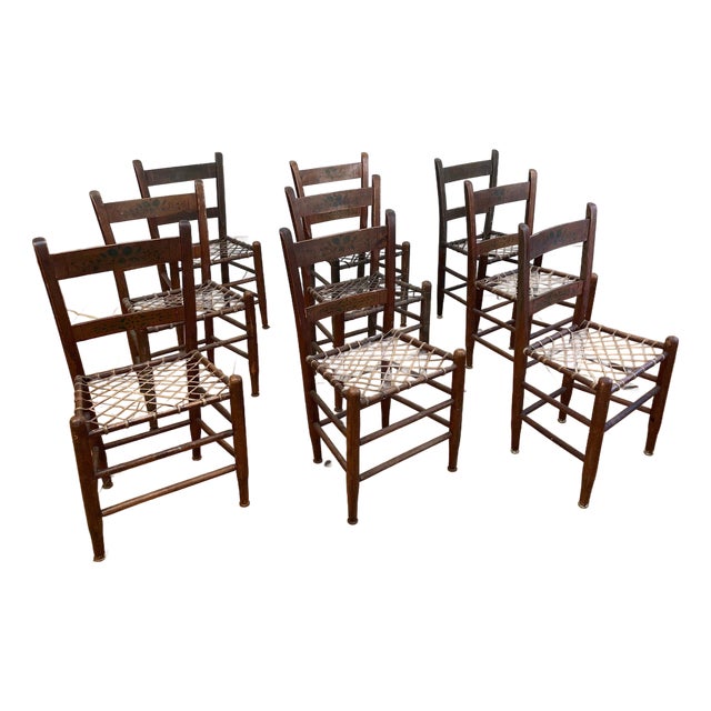 Antique 19th Century Folk Art Woven Rawhide Chairs – Set of 9 For Sale