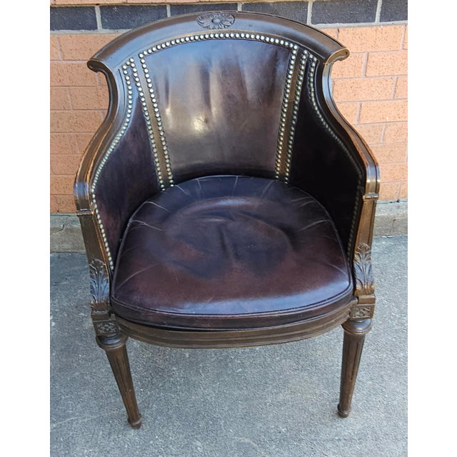Traditional Mid Century Empire Leather Upholstered and Nailhead Studded Mahogany Arm Chair For Sale - Image 3 of 11