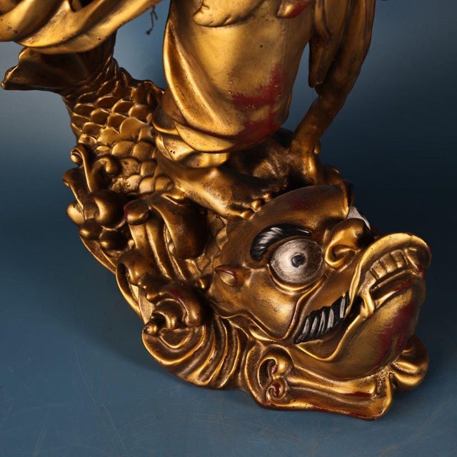 Metal Late 20th Century Gilt Bronze Figure of Kui Xing Standing on a Dragon-Turtle For Sale - Image 7 of 10