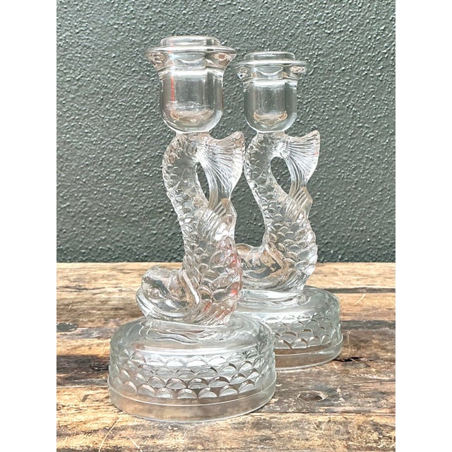 Glass Vintage Dolphin Glass Candlesticks - A Pair For Sale - Image 7 of 12