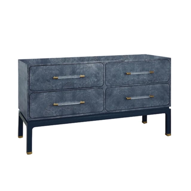 Brand new special order item. Not vintage. Elevate your bedroom with the Etta Navy Blue Burl Wood Chest, a sophisticated...