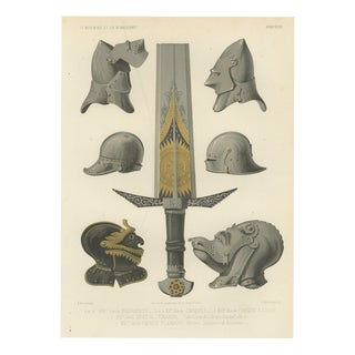 After Rivaud, Medieval Helmets and a German Sword, 1851, Chromolithograph For Sale
