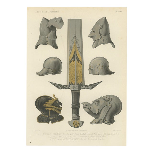 After Rivaud, Medieval Helmets and a German Sword, 1851, Chromolithograph For Sale