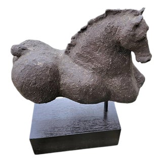 Horse Torso Ceramic Sculpture on Wooden Pedestal For Sale