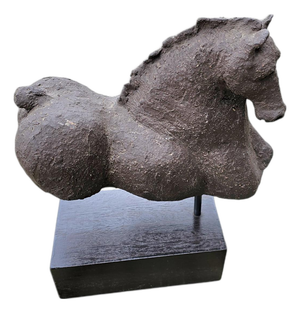 Horse Torso Ceramic Sculpture on Wooden Pedestal