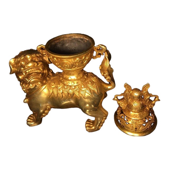 Gilt Bronze Lion Incense Burner Censer With Openwork Lid For Sale