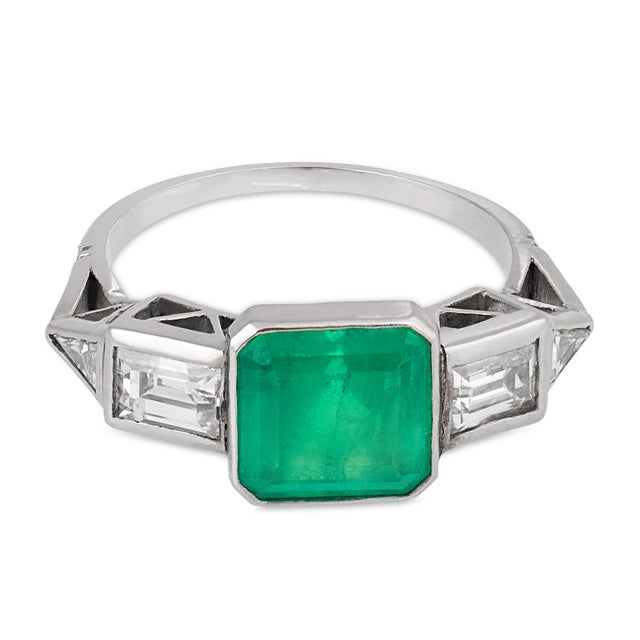 Art Deco 1920s Art Deco Inspired 1.97 Carat Emerald Diamond Platinum Ring, Size 5.5 For Sale - Image 3 of 6