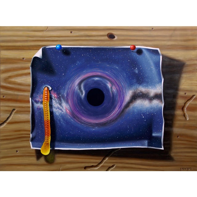 Wormhole by Patrick Nevins | Oil on board Painting of a black hole on a torn paper background For Sale