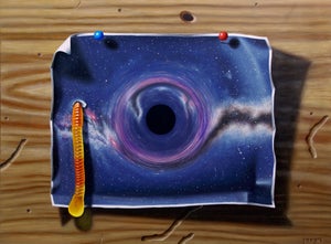 Wormhole by Patrick Nevins | Oil on board Painting of a black hole on a torn paper background