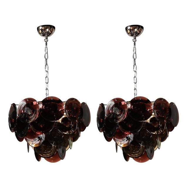 Pair of Mid-Century Hand-Blown Murano Glass Disc Chandeliers in Smoked Tortoise For Sale - Image 9 of 10