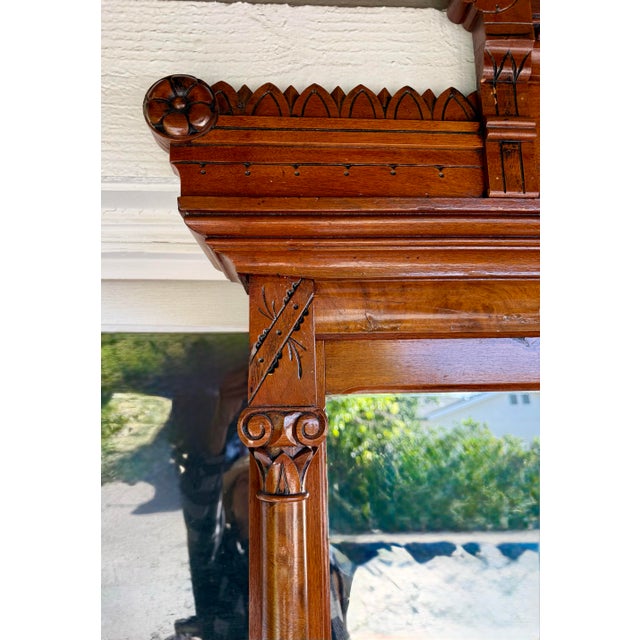1880s Eastlake Aesthetic Movement Walnut Hall Mirror With Marble Shelf & Drawer For Sale - Image 11 of 16