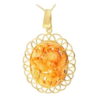 Late 20th Century 14K Gold Filigree Red Coral Cameo Reversible Angel Pendant Slide Estate For Sale