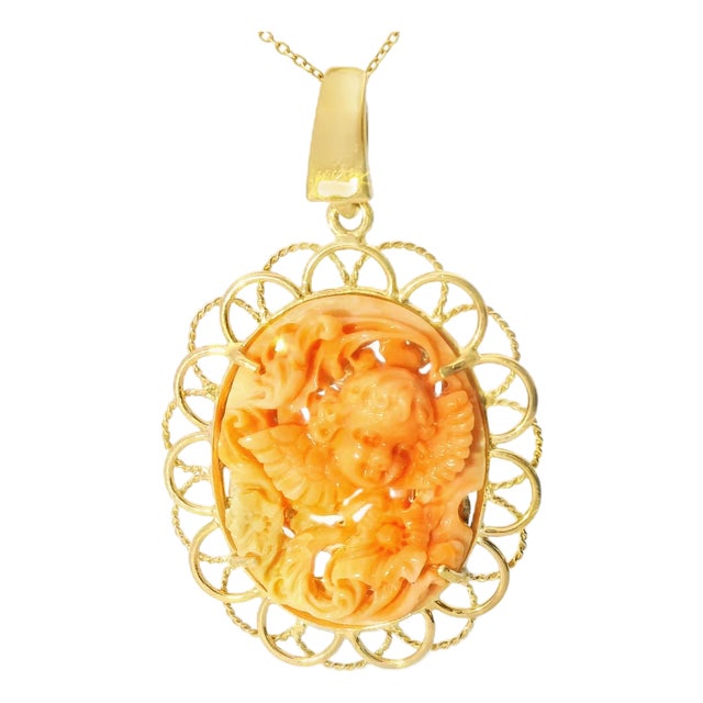 Late 20th Century 14K Gold Filigree Red Coral Cameo Reversible Angel Pendant Slide Estate For Sale