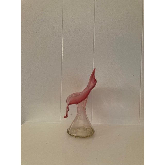 Vintage Hand-Blown Art Glass Vase. Jack in the Pulpit style. Cranberry pink top transitions into clear glass pedestal base.