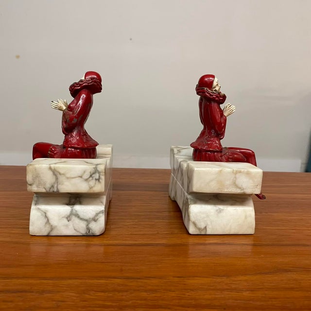 Art Deco French Art Deco Pierrot Bookends on Gray Marble Bases, Circa 1920s For Sale - Image 3 of 12