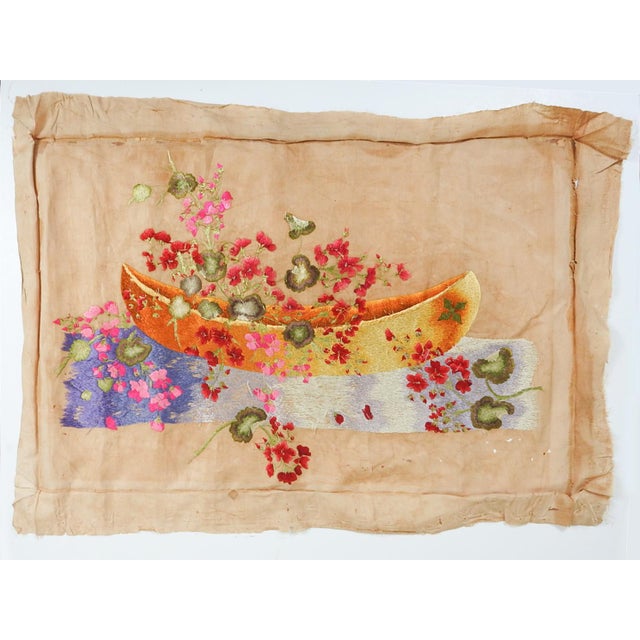 Late 19th Century Distressed Silk Embroidered Floral Still Life on Cotton For Sale - Image 10 of 10