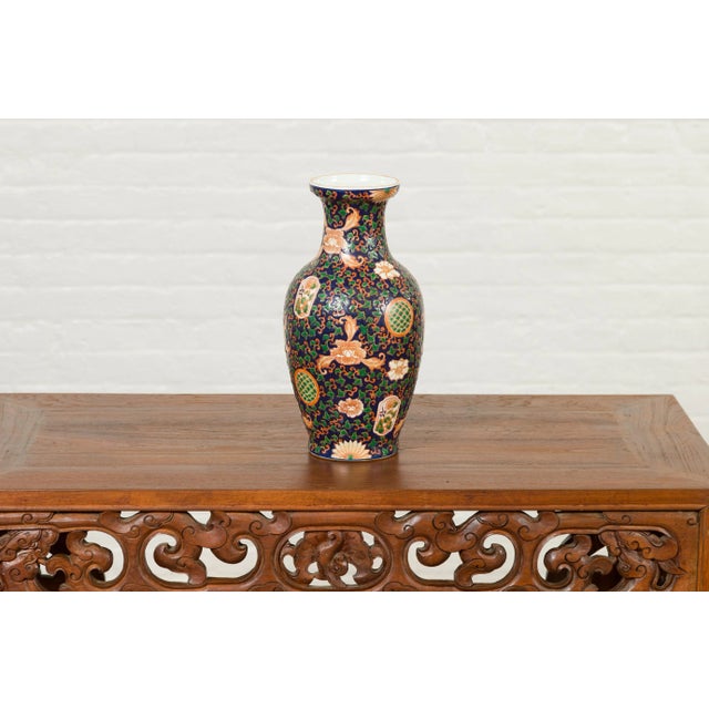 Chinese Contemporary Hand Painted Vase with Cobalt Blue Ground and Floral Decor For Sale - Image 11 of 13