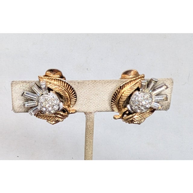 1950s Vintage 1954 Signed Crown Trifari Goldtone Clear Rhinestone "Thistle" Clip Earrings-2 Pieces For Sale - Image 5 of 8