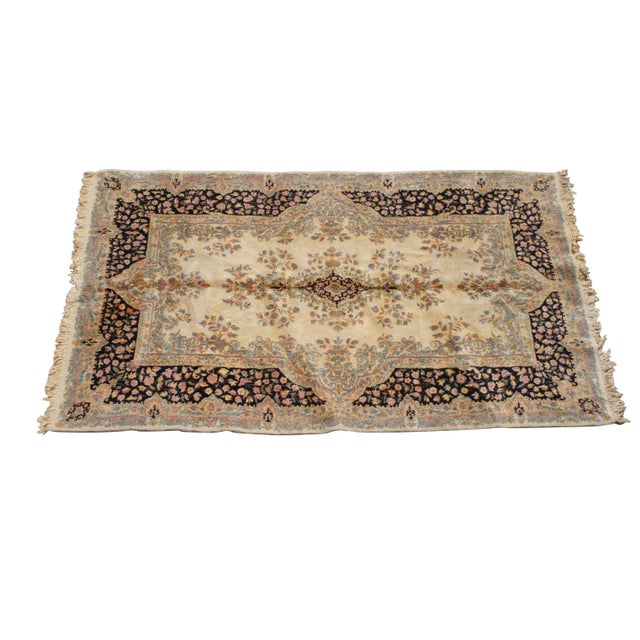 French Vintage French Aubusson Hand Knotted Beige & Blue Wool Area Rug 5' X 8.5' For Sale - Image 3 of 12