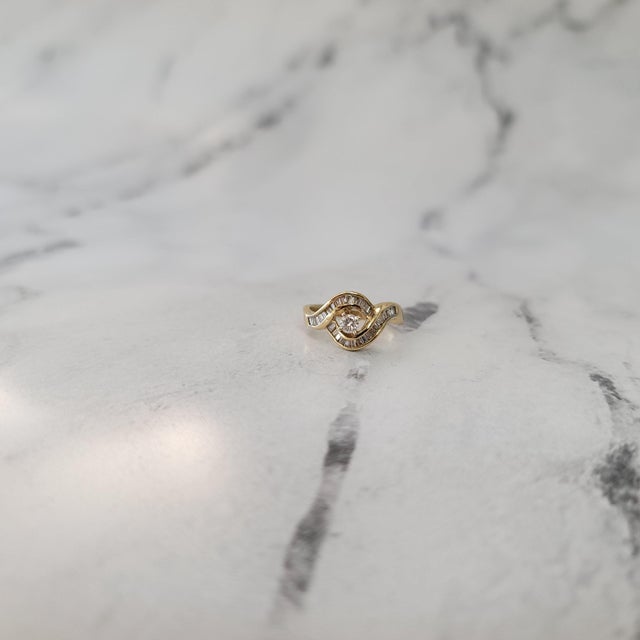 Contemporary Round Diamond Center with Baguette Accented Engagement Ring, Size 5 For Sale - Image 3 of 4