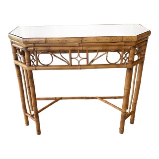 Vintage Brighton Style Rattan Woven Cane Tortoise Demi Lune Console Table For Sale