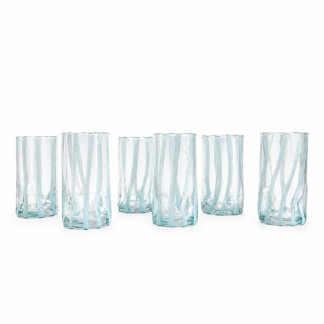 Cloud Blue Striped Italian Murano Glass Tumbler Glasses With Scalloped Rim Set of 6 For Sale In Chicago - Image 6 of 6