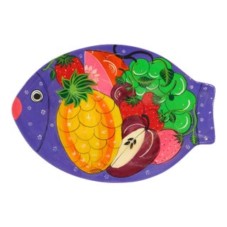 Vintage 1980s Hand Painted Mexican Tropical Fruit Enamel Over Terra Cotta Fish Wall Plate Plaque For Sale