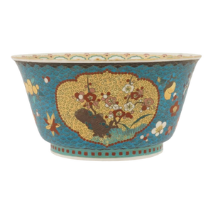 Japanese Cloisonne Enamel Porcelain Bowl Meiji Period Floral Panels