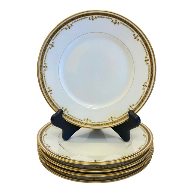 Antique Bernardaud B&c Limoges Gilt Greek Key Dessert Plates - Set of 5 For Sale