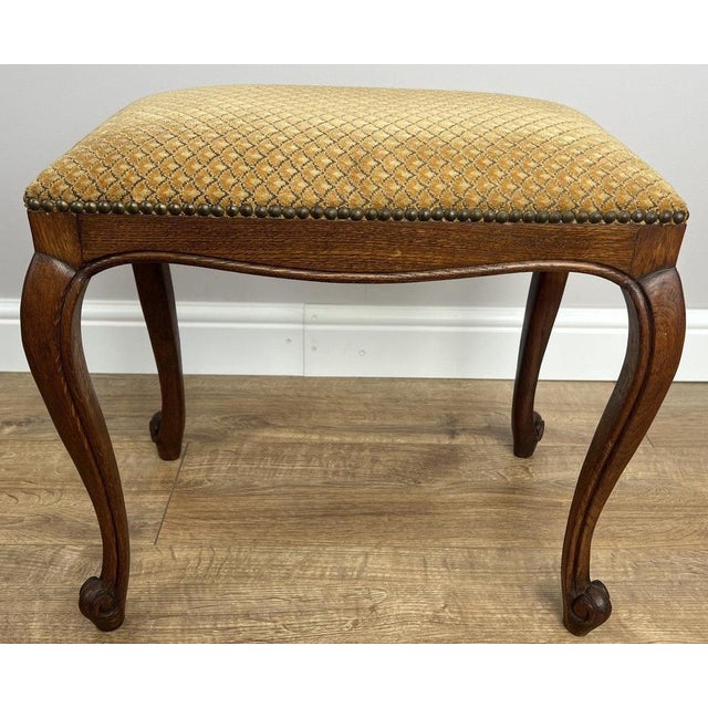 Vintage French Louis Style Upholstered Oak Stool For Sale - Image 3 of 11