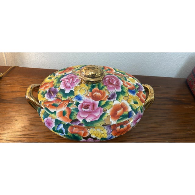 Beautiful vibrant Millefleur porcelain lidded tureen featuring a dense “Thousand Flowers” pattern in pink, orange, yellow,...