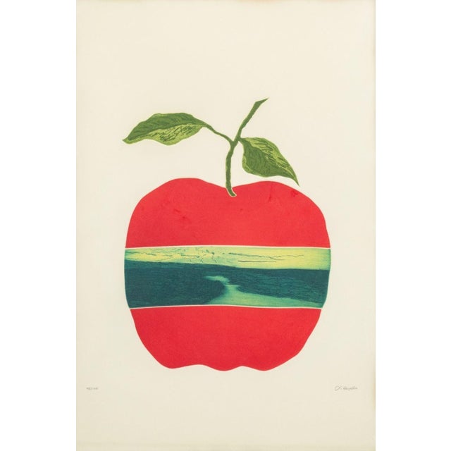 Shelly DiCello Ahern (American, b. XX), Surrealist Apple, Aquatint, red apple with landscape in stripe across center,...