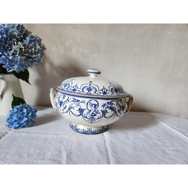 Antique French mid to late 1800s blue transferware tureen, or soupière, from the factory of Jules Vieillard in Bordeaux....