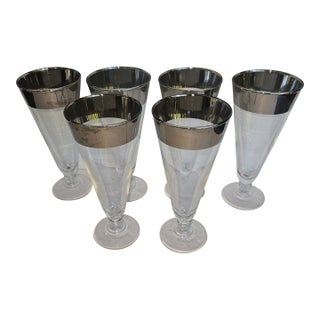 Mid 20th Century Dorothy Thorpe Style Mid Century Silver Rimmed Pilsner or Beer Glasses - Set of Six For Sale