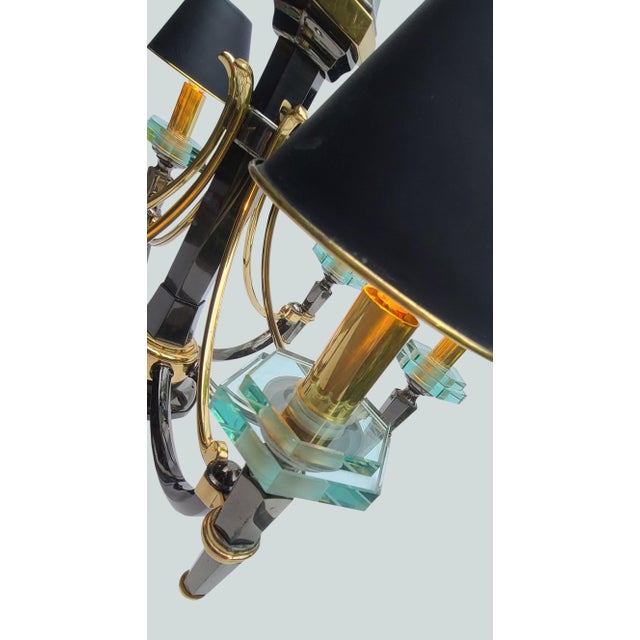 Hollywood Regency Italian Black Brass 6-Light Murano Crystal Chandelier With Metal Shades For Sale - Image 3 of 8