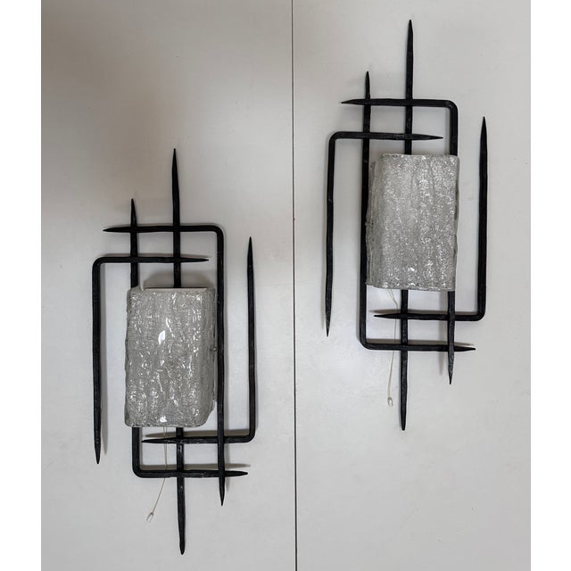 Large Brutalist Wrought Iron and Glass Sculptural Wall Lamps from Honsel-Leuchten, West Germany 1960s, Set of 2 For Sale - Image 7 of 18