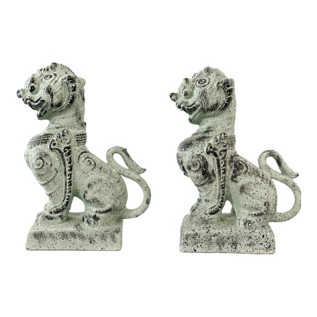 Pair of Vintage Asian Foo Dog Guardian Lion Stone Temple Statues – Weathered Green Finish For Sale