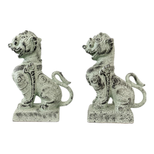 Pair of Vintage Asian Foo Dog Guardian Lion Stone Temple Statues – Weathered Green Finish
