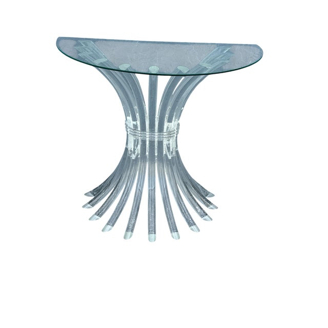 Mid century modern wheat lucite table no scratches,no crazy in very good condition glass is 32 w 17 7/8 d and 2/8 tick new...