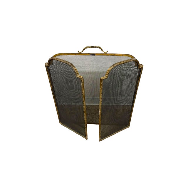 1970s Vintage Brass-Toned Fireplace Screen With Folding Mesh Panels and Ornate Handle For Sale - Image 5 of 10