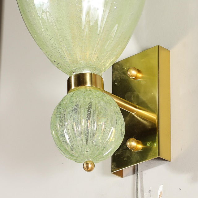 Pair of Modernist Pale Jade Hand-Blown Murano Glass Sconces W/ Brass Fitting For Sale - Image 4 of 12