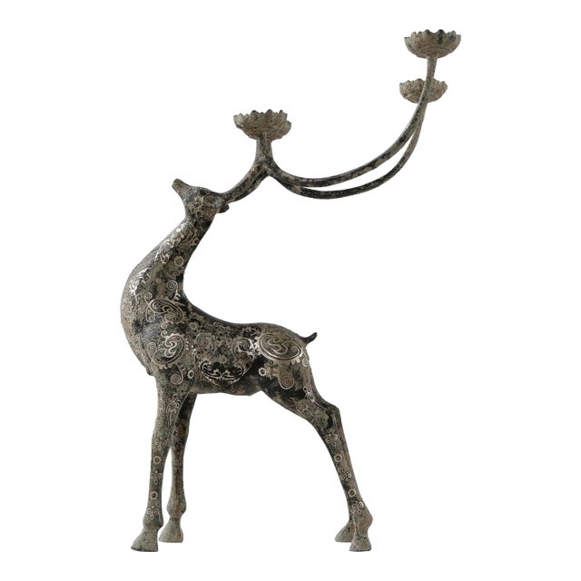 Contemporary Bronze & Silver-Tone Inlay Holiday Reindeer Candle Holder For Sale
