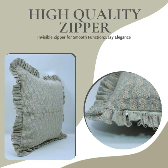 Art Deco Fabdivine Handcrafted Block Print Frill Cushion Cover Light Blue 26x26 Inch Thick Linen- Tulsi Buti For Sale - Image 3 of 5